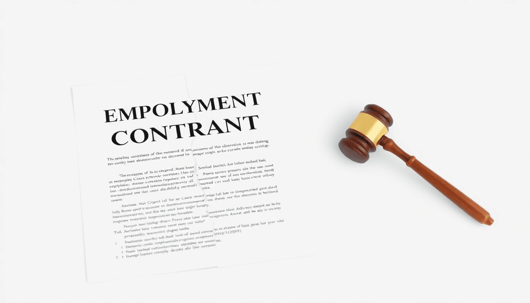 A minimalist image depicting a torn employment contract alongside a gavel, set against a simple neutral background to highlight the objects.