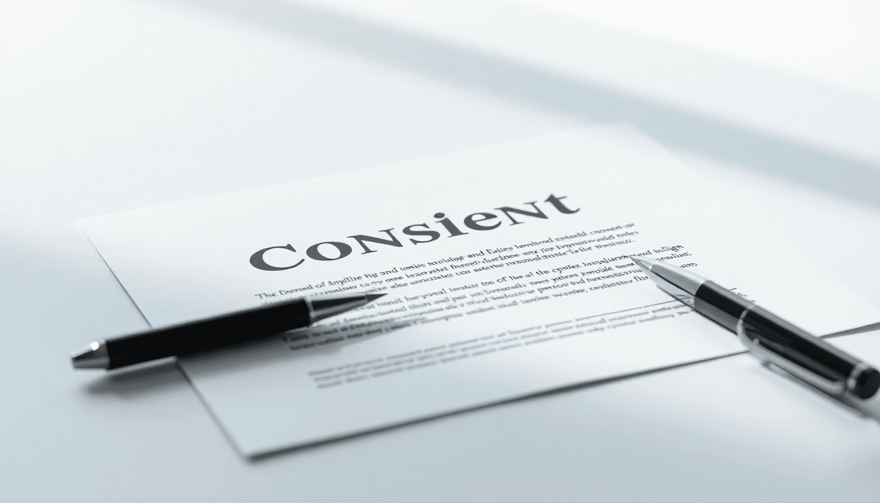 A minimalist image of a consent form with a pen beside it, softly illuminated and surrounded by abstract shapes, conveying themes of trust and tran...