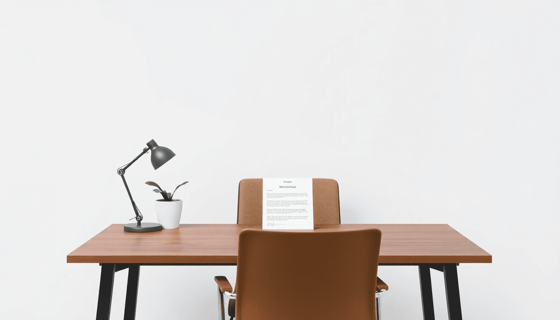A minimalist office desk with an empty chair, a resignation letter, and a potted plant in the background, symbolizing transition and change in the ...